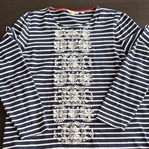 Boden Navy and White Striped Top with Embroidered flowers